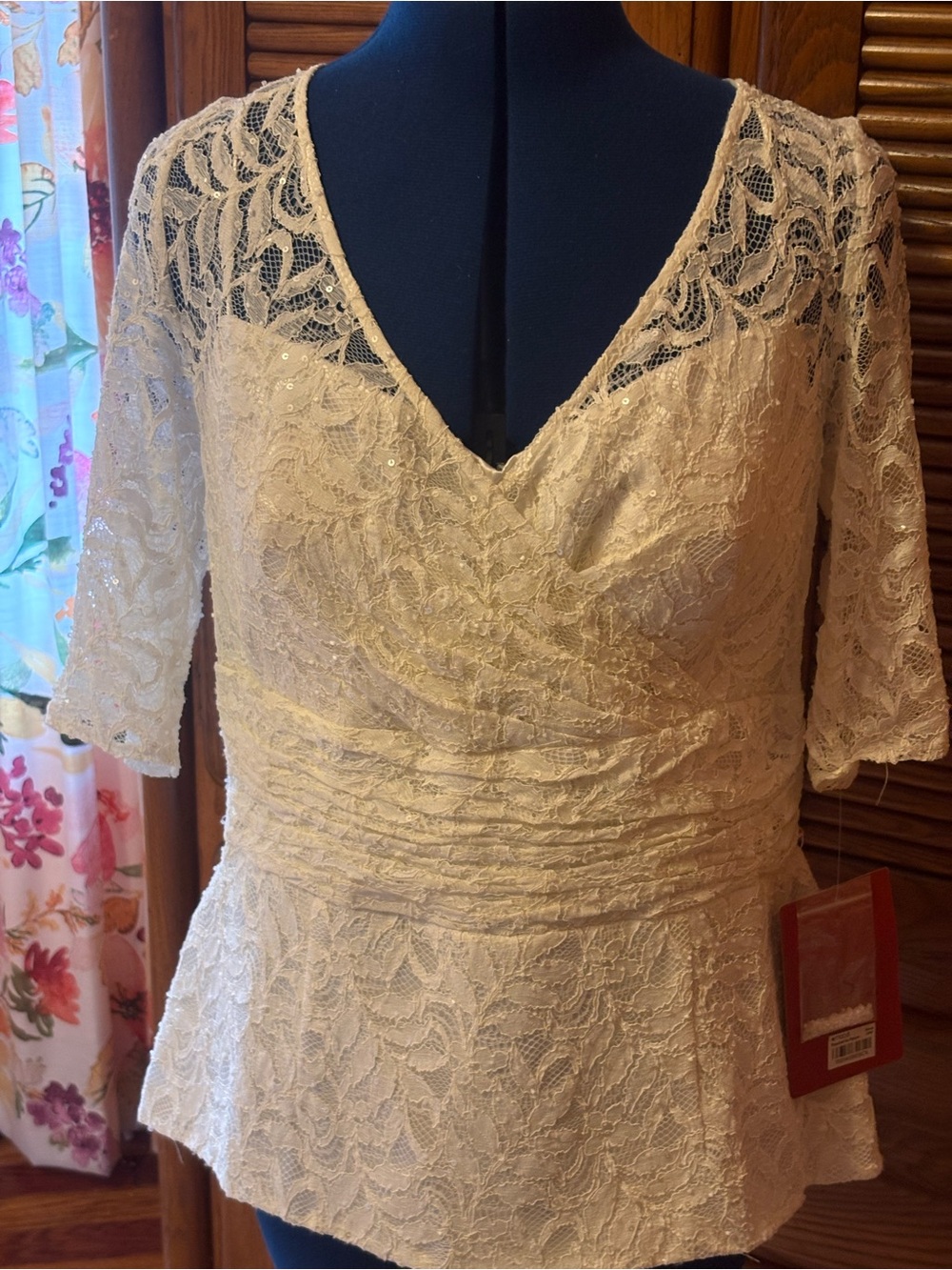 JS Collections Ivory Lace V-Neck Peplum Blouse Elegant